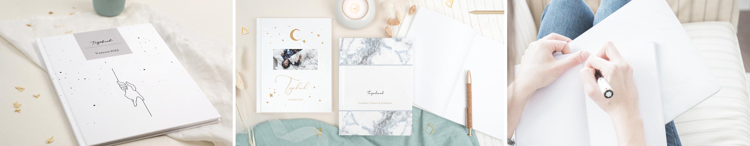 Finde jetzt das passende Tagebuch und gestalte es online Verschiedene personalisierte Tagebücher auf dem Tisch