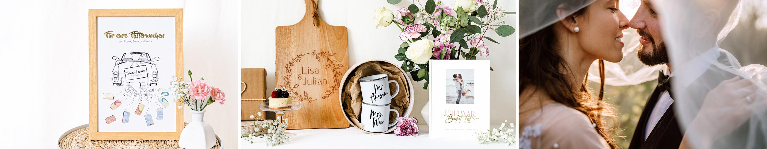 Personalisierte Tassen, Brotzeitbretter und Wandbilder als Geschenkideen zur Hochzeit