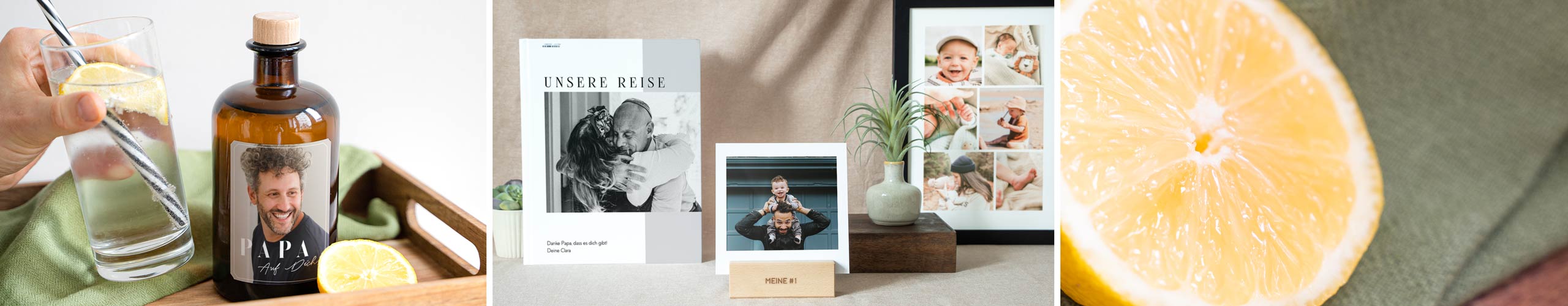 Gin, Tischkalender, Wandbild und Fotobuch als personalisierte Geschenke zum Vatertag