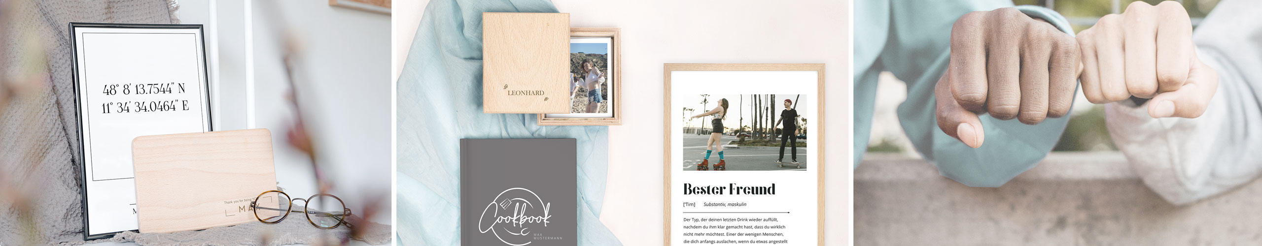 Wandbild, Aufbewahrungsbox aus Holz und Rezeptbuch als Geschenke für den besten Freund