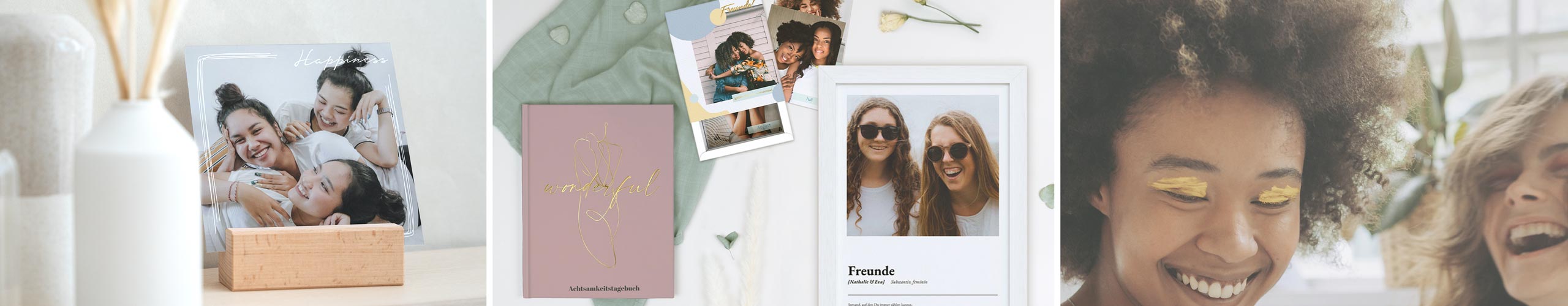 Tischaufsteller, Buch, Wandbild und Bilderbox mit Fotos als personalisierte Geschenkideen für Freundinnen