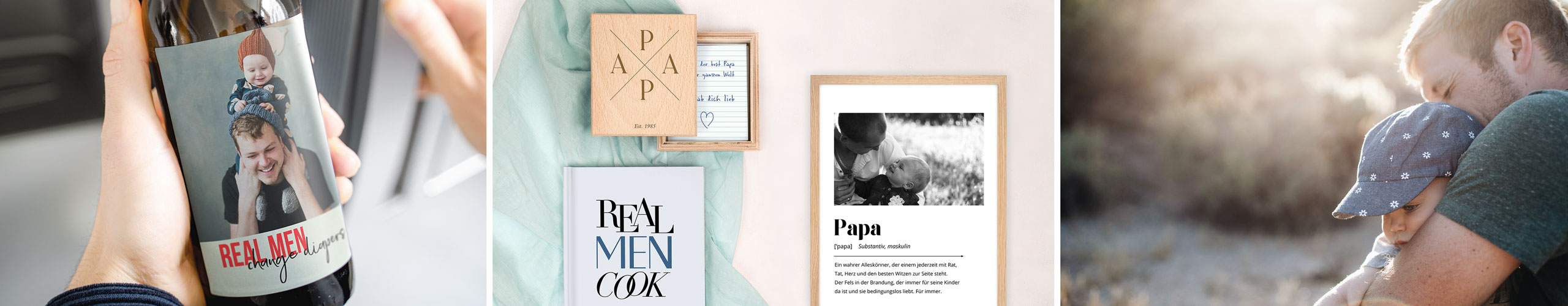 Rezeptbuch, Wandbild, kleine Aufbewahrungsbox und Flasche mit personalisiertem Ettikett als Geschenke für Papa