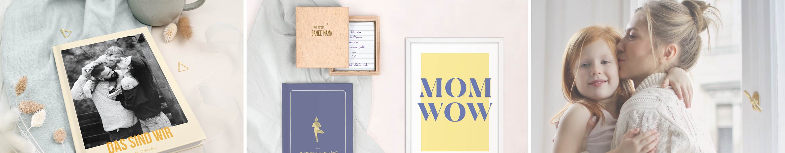 Fotobuch, kleine Aufbewahrungsbox aus Holz und Wandbild als Geschenke für Mama