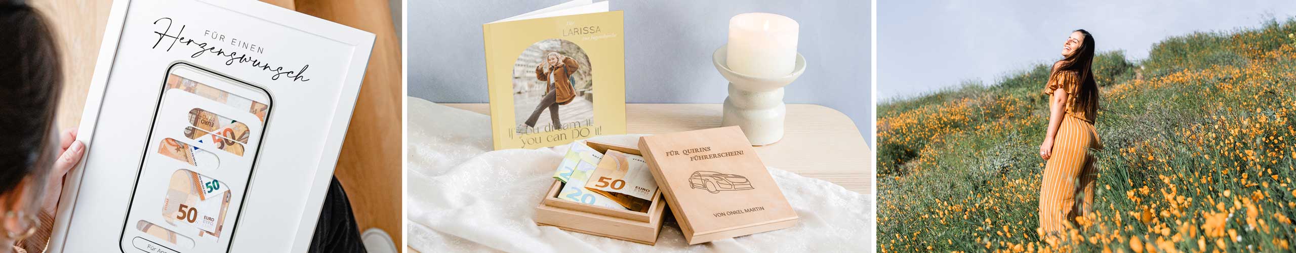 Wandbild und Holzbox als Ideen für Geldgeschenke zur Jugendweihe