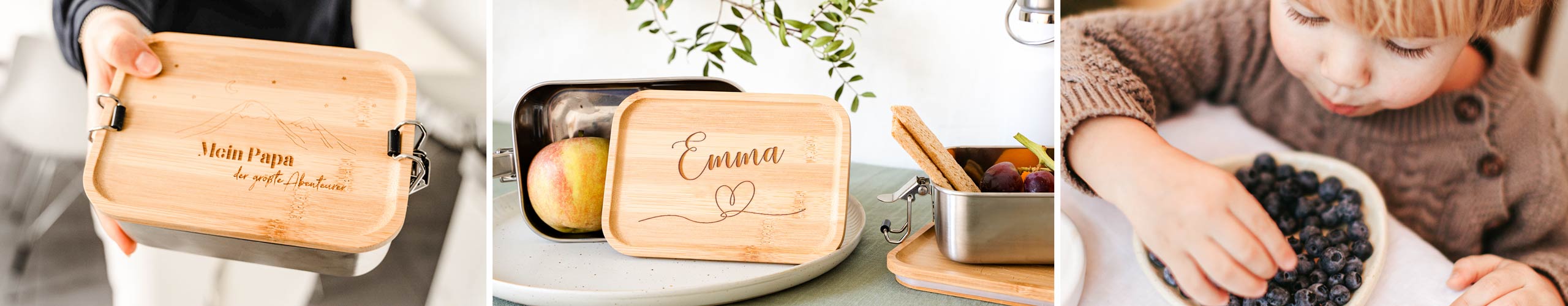 Personalisierte Lunchboxen aus Edelstahl mit graviertem Holzdeckel