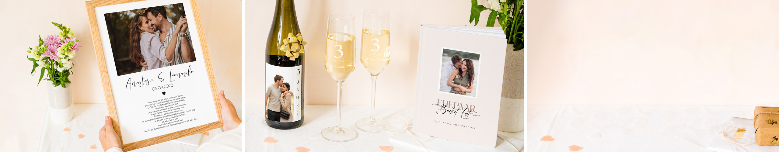 Personalisierte Bucket List, Sektflasche und Sektgläser als Geschenkideen zum Hochzeitstag