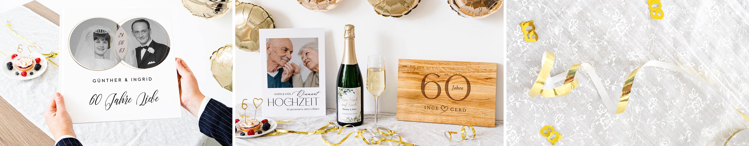 Fotoalbum, personalisierte Weinflasche und Brotzeitbrett mit Gravur zur Diamantenen Hochzeit