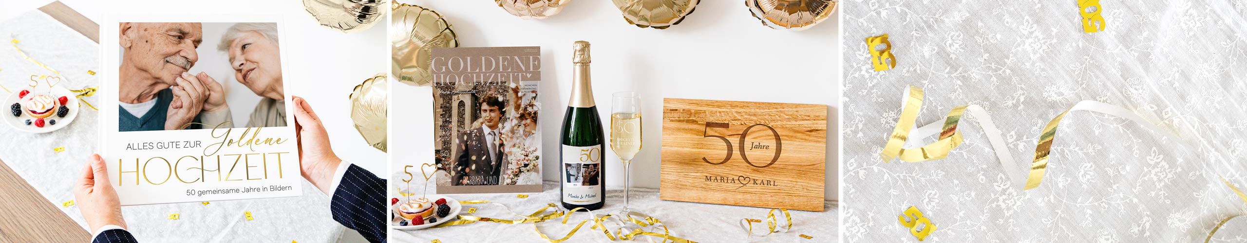 Personalisierte Weinflasche, Festzeitung und Servierbrett mit Gravur zur Goldenen Hochzeit