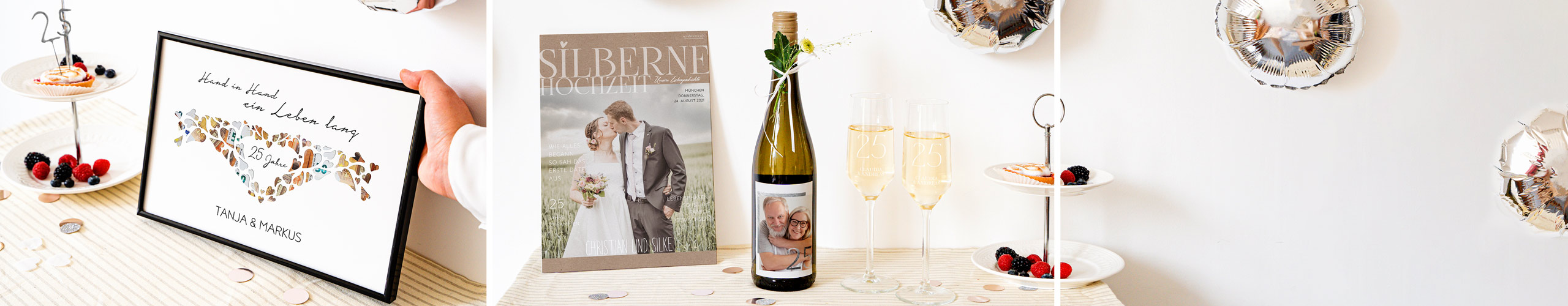 Festzeitung, personalisierte Weinflasche und Sektgläser auf Tisch zur Silbernen Hochzeit