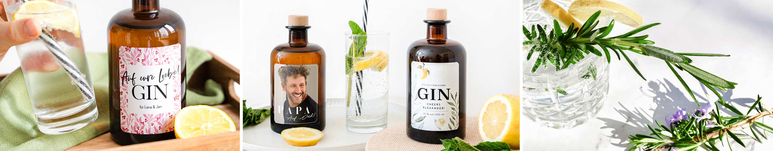 Verschiedene Gin-Flaschen mit personalisierten Etiketten