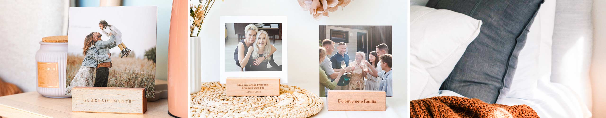Verschiedene Fotoaufsteller aus Holz mit persönlichem Text gestaltet