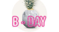 Motiv von Ananas als Diskokugel mit pinker Neonschrift