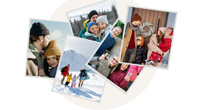 Retrobilder von Familie in Winterlandschaft