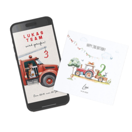 Digitale und gedruckte Einladungskarten zum Kindergeburtstag mit Feuerwehr-Design