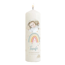 Personalisierte Taufkerze mit niedlichem Babyfoto und Regenbogen-Design