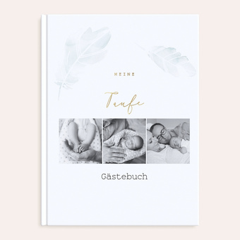 Gästebuch zur Taufe mit 3 Fotos von Eltern und Baby und zartem Feder-Design