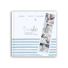 Gästebuch zur Taufe mit mehreren Babyfotos, niedlichem Streifen-Design und schimmerndem Taufe-Schriftzug