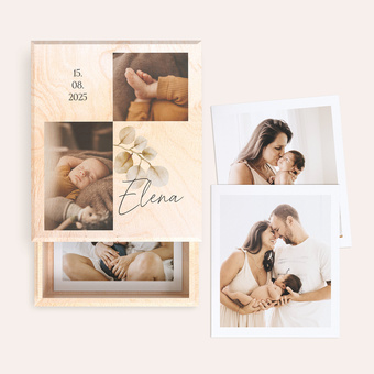 Holz-Bilderbox mit 2 bunten Fotos und Babynamen bedruckt