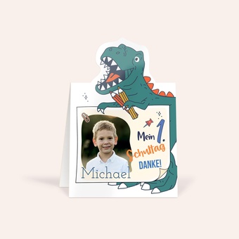 Personalisierte Danksagungskarte zur Einschulung im Design 'Dinotastischer Tag'