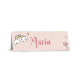 Tischkarte zur Einschulung bedruckt mit Name und fröhlich buntem Design