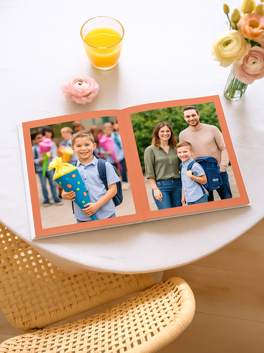 Aufgeschlagenes Fotobuch mit Bildern von der Einschulung und farbigem Hintergrund liegt aufgeschlagen auf einem Tisch mit Stiften und Blumenstrauß
