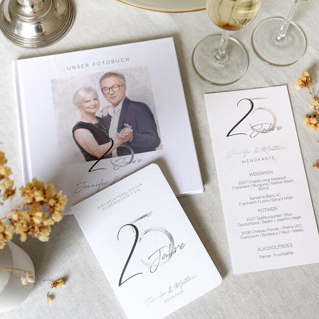 Silberhochzeit Einladungskarten Mit Zeitsprung-Motiv – Individuell Mit 2 Fotos (damals & Heute) – Klappkarten Aus 300g/qm Papier