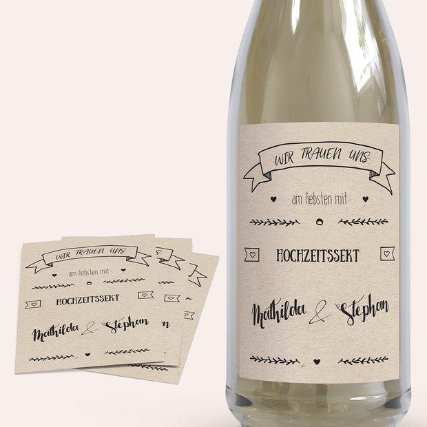 Sektetiketten Hochzeit - Kraftpapier