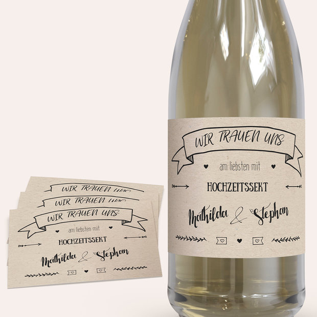 Sektetiketten Hochzeit - Kraftpapier