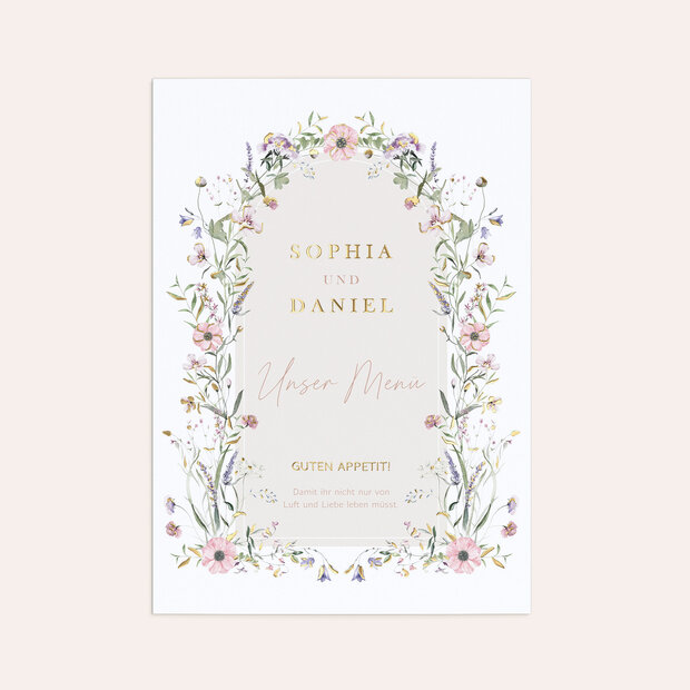 Menükarte Hochzeit - Verheißungsvoller Blütenbogen