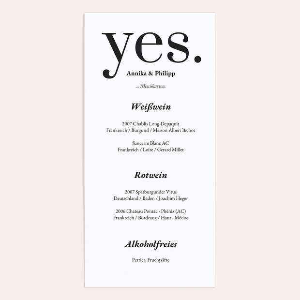 Menükarte Hochzeit - Yes, I will