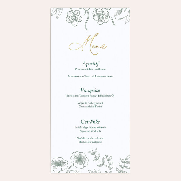 Menükarte Hochzeit - Grünes Blütenspiel