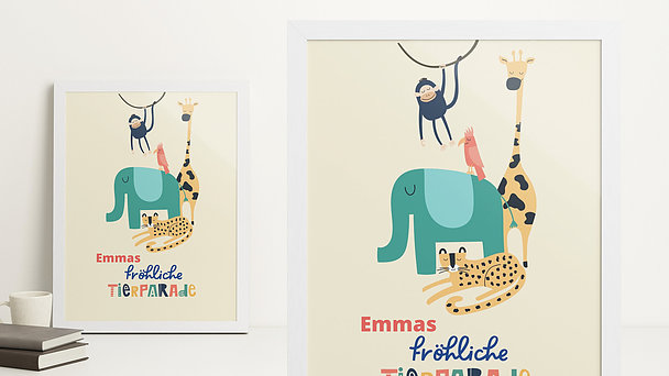 Geschenke für Kindergeburtstag - Tierparade Poster mit eigenem Namen