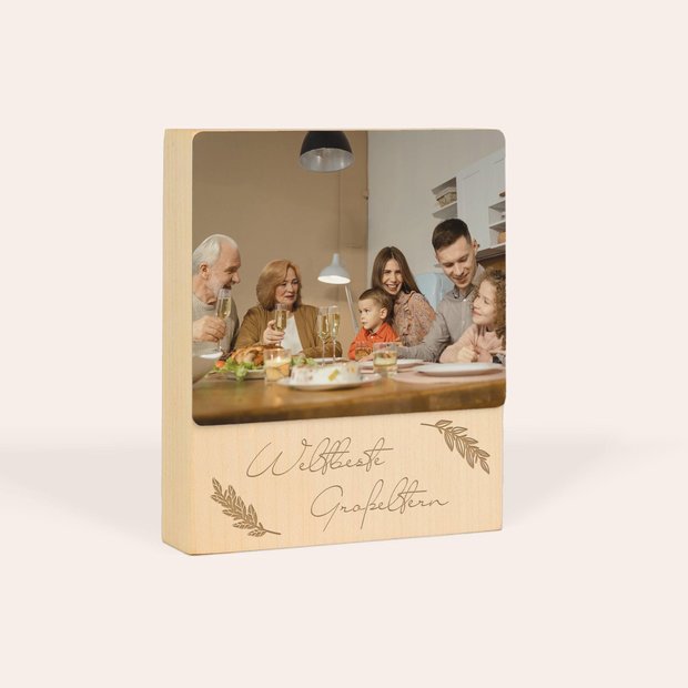 Geschenke für Oma und Opa - Foto-Holzblock „Mit Herz und Liebe“