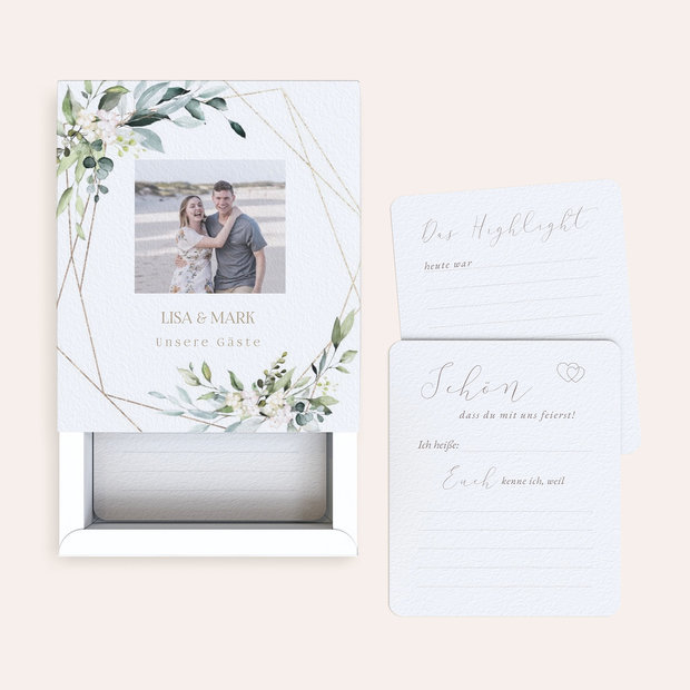 Gästebuchkarten Hochzeit - Gästebuchkarten in Papierbox “Unser Tag mit euch”