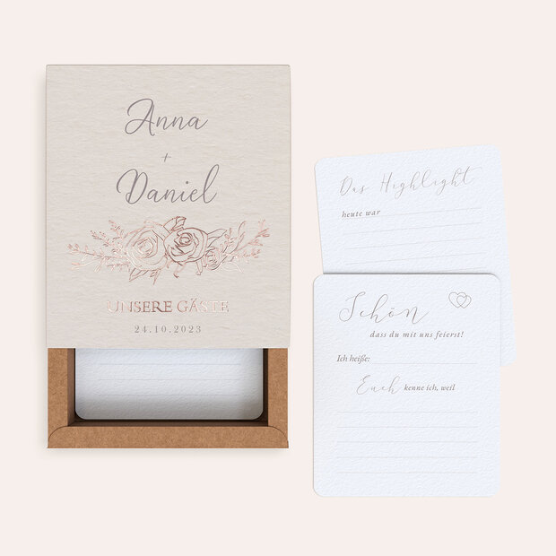 Gästebuchkarten Hochzeit - Gästebuchkarten in Papierbox “Rosenblüten”