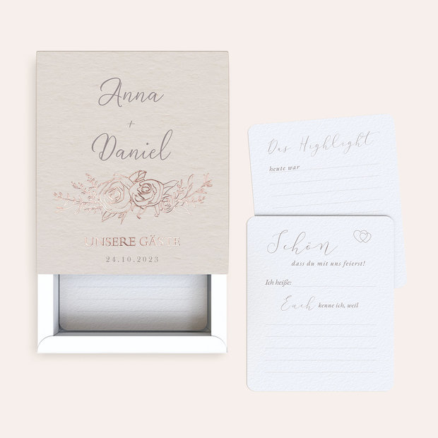 Gästebuchkarten Hochzeit - Gästebuchkarten in Papierbox “Rosenblüten”