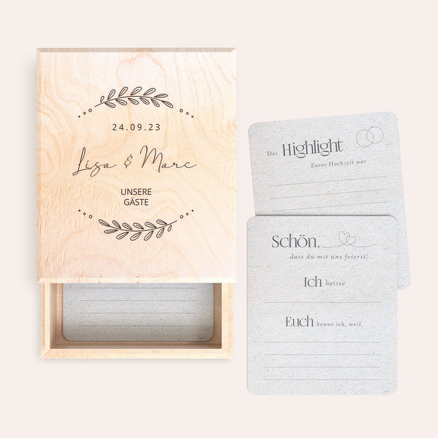 Gästebuchkarten Hochzeit - Gästebuchkarten in Holzbox “Pure Romantik”