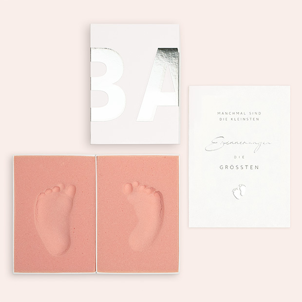 Geschenke Babyparty - Baby Fußabdruck-Box + Klappkarte Silber
